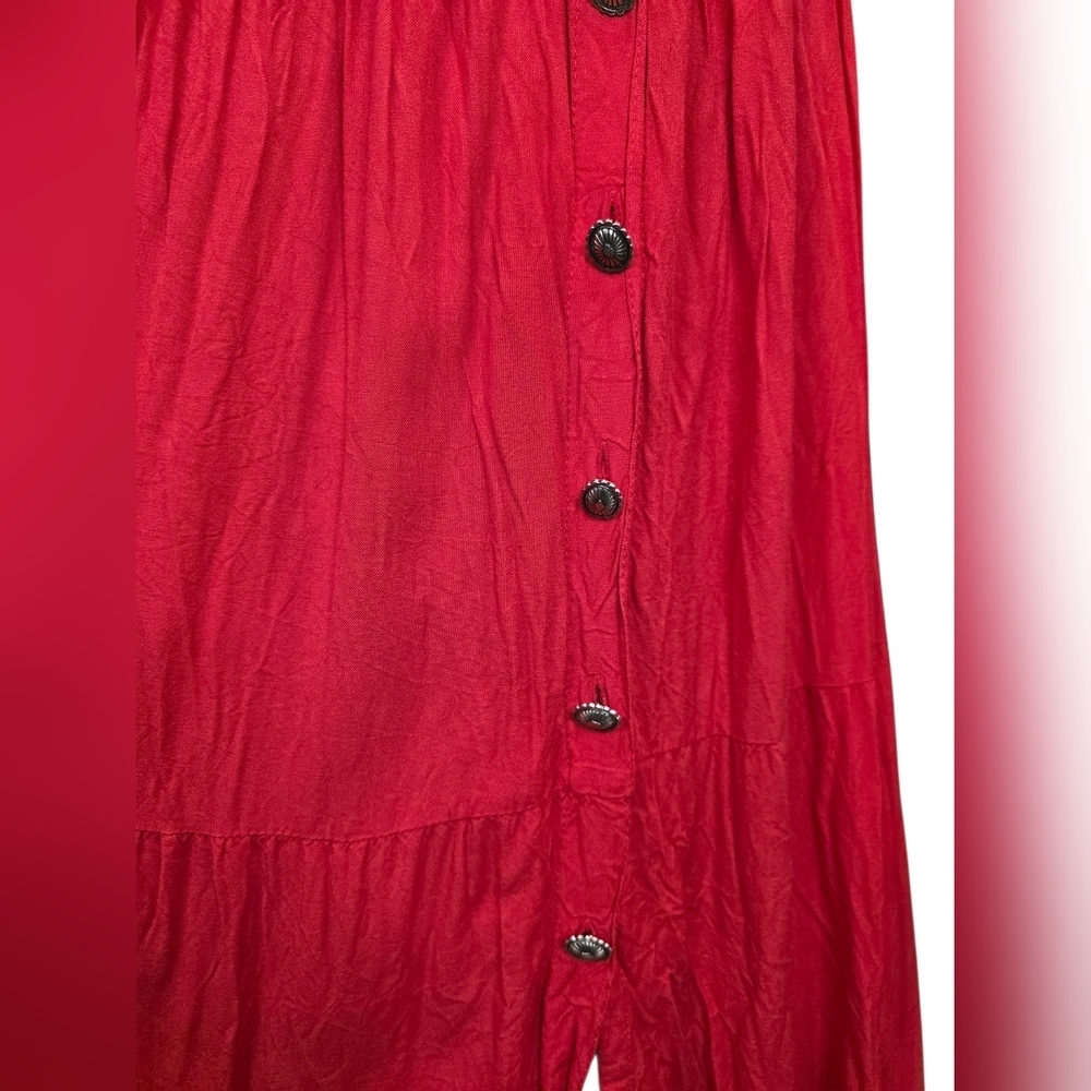Crazy Cowgirl Red Tiered Maxi Skirt Concho Buttons Western Boho Flowy Rayon S - Picture 3 of 8